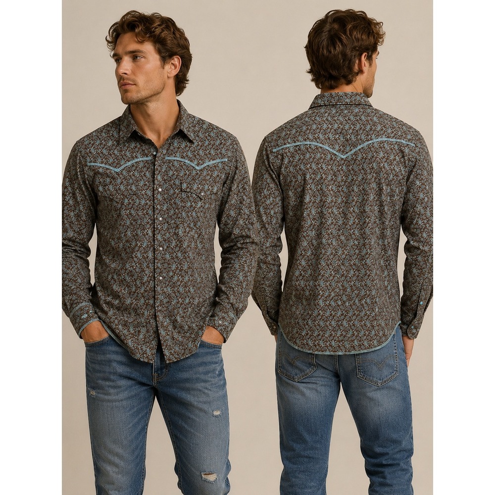Roper Western Shirt Mens Medium Brown Turquoise Paisley Pearl Snap Cowboy